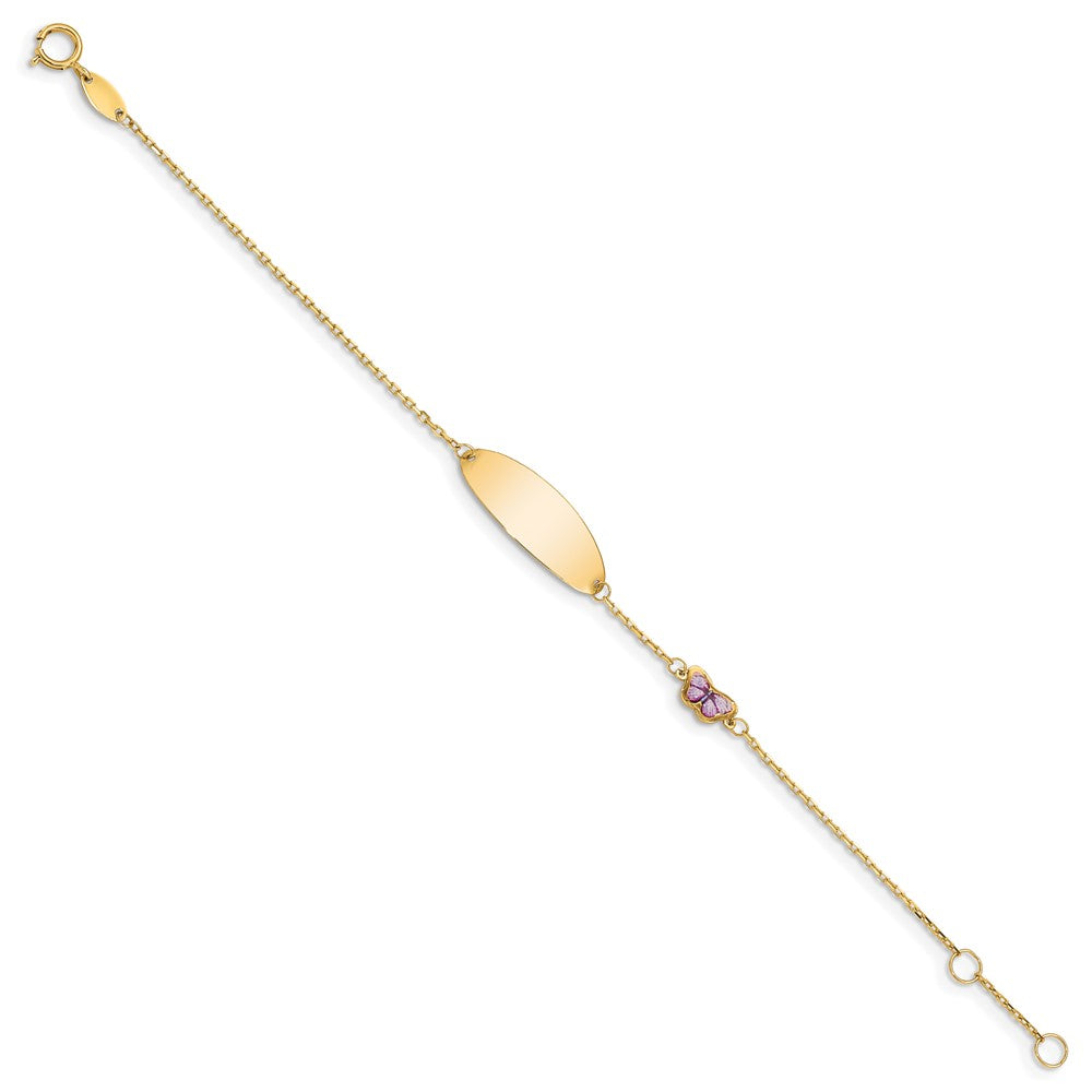 14K Polished Purple Enamel Butterfly and 20x7mm Plate 6 inch Baby/Child ID Bracelet with 0.5 inch Extender
