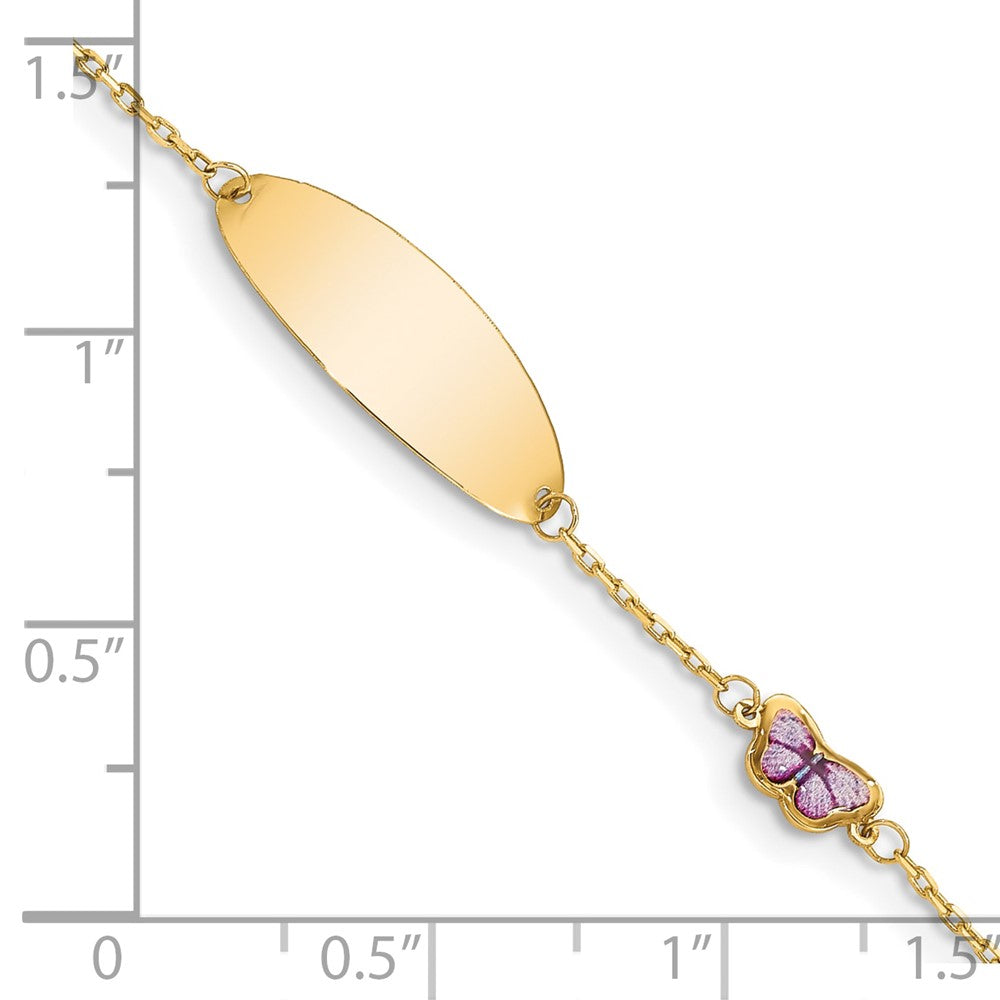 14K Polished Purple Enamel Butterfly and 20x7mm Plate 5.5 inch Baby/Child ID Bracelet with 0.5 inch Extender