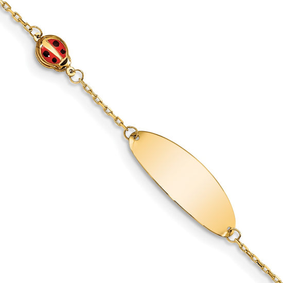 14K Polished Red Enamel Ladybug and 20x7mm Plate 5.5 inch Baby/Child ID Bracelet with 0.5 inch Extender