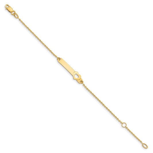 14K Polished Solid Chain/Solid Plate Cut-out Heart 27.7x6.5mm Plate 5.5 inch Baby/Child ID Bracelet with 1 inch Extender