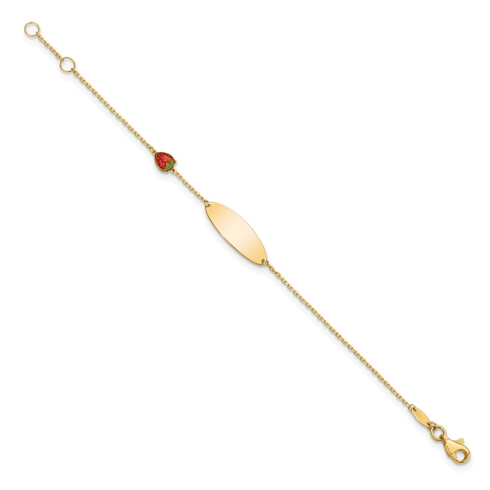14k Red Enameled Strawberry and 7x20mm Oval 5.5 inch with 0.5 inch Extender Baby ID Bracelet