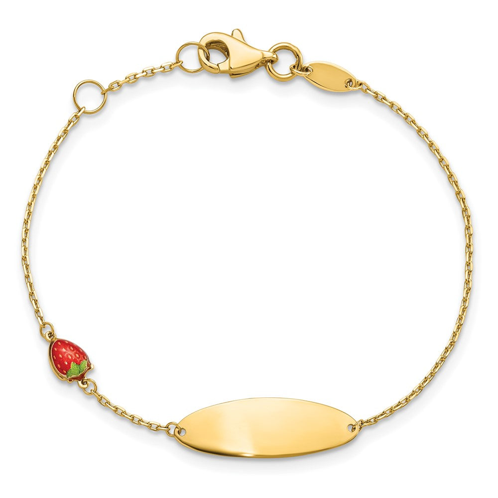 14k Red Enameled Strawberry and 7x20mm Oval 5.5 inch with 0.5 inch Extender Baby ID Bracelet