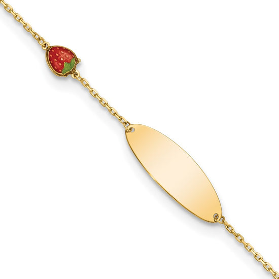 14k Red Enameled Strawberry and 7x20mm Oval 5.5 inch with 0.5 inch Extender Baby ID Bracelet