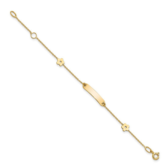 14K Polished 4x18mm Rectangle with Flowers 5.5 inch Childrens ID Bracelet