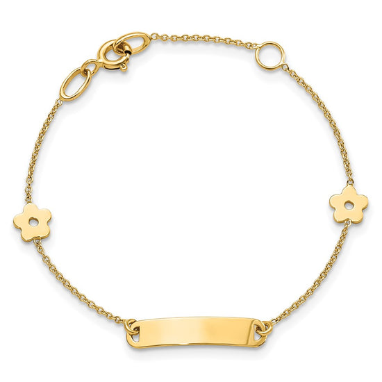 14K Polished 4x18mm Rectangle with Flowers 5.5 inch Childrens ID Bracelet
