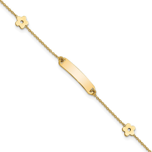 14K Polished 4x18mm Rectangle with Flowers 5.5 inch Childrens ID Bracelet