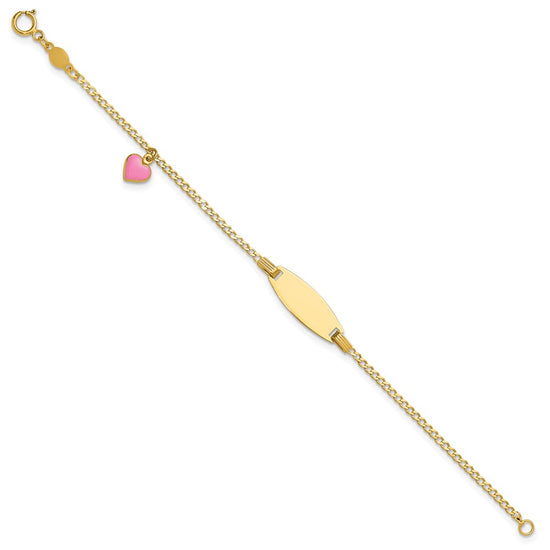 14k Polished Pink Enameled Puffed Heart and 18x5mm Plate 5.5 inch Baby/Child ID Bracelet