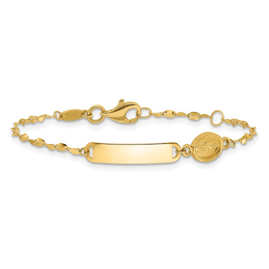 14K Polished Miraculous Medal and 19x4mm Plate 6 inch Baby/Child ID Bracelet
