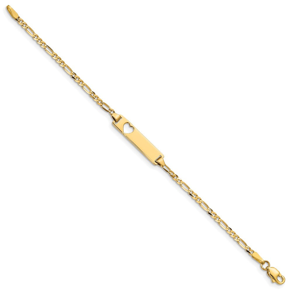 14k Polished Solid Chain/Solid Plate Figaro Link Cut-out Heart 21.4x5.4mm Plate 5.5 inch Baby/Child ID Bracelet