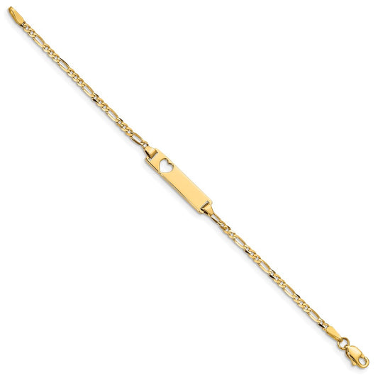14k Polished Solid Chain/Solid Plate Figaro Link Cut-out Heart 21.4x5.4mm Plate 5.5 inch Baby/Child ID Bracelet