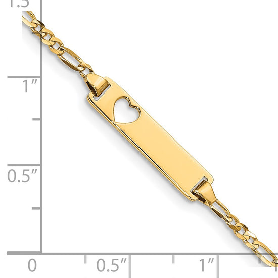 14k Polished Solid Chain/Solid Plate Figaro Link Cut-out Heart 21.4x5.4mm Plate 5.5 inch Baby/Child ID Bracelet