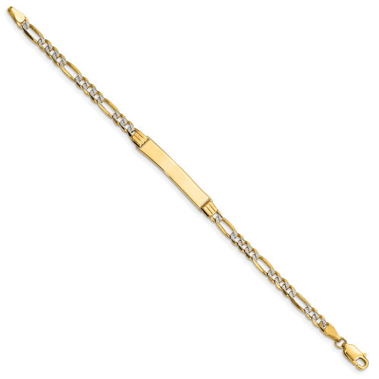 14k with Rhodium Polished Solid Chain/Solid Plate Pav‚ Figaro Link 26x5mm Plate 5.5 inch Baby/Child ID Bracelet