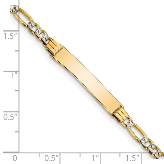 14k with Rhodium Polished Solid Chain/Solid Plate Pav‚ Figaro Link 26x5mm Plate 6 inch Baby/Child ID Bracelet