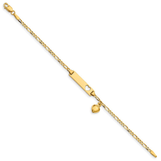 14k Polished Solid Chain/Solid Plate Cut-out Heart with Heart Dangle Figaro Link 21x5mm Plate 5.5 inch Baby/Child ID Bracelet