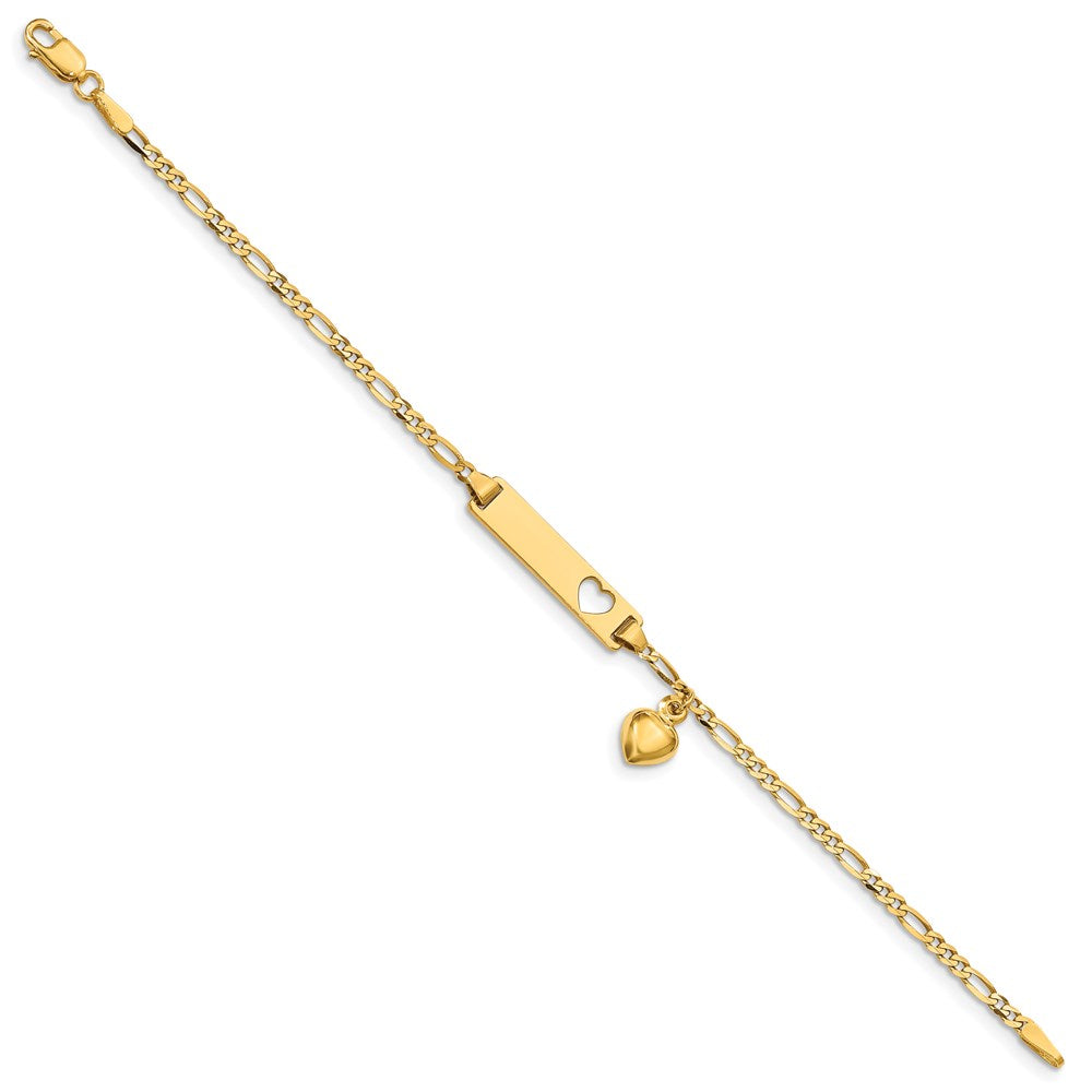 14k Polished Solid Chain/Solid Plate Cut-out Heart with Heart Dangle Figaro Link 21x5mm Plate 5.5 inch Baby/Child ID Bracelet