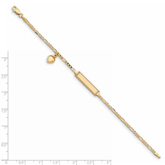 14k Polished Solid Chain/Solid Plate Heart Dangle Figaro Link 21x6mm Plate 6 inch Baby/Child ID Bracelet