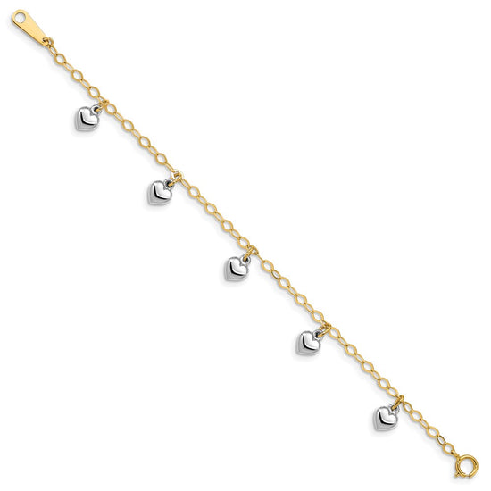 14k Two-tone Polished Dangle Puffed Heart 5.5 inch Baby Bracelet