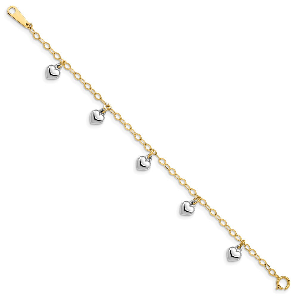 14k Two-tone Polished Dangle Puffed Heart 5.5 inch Baby Bracelet