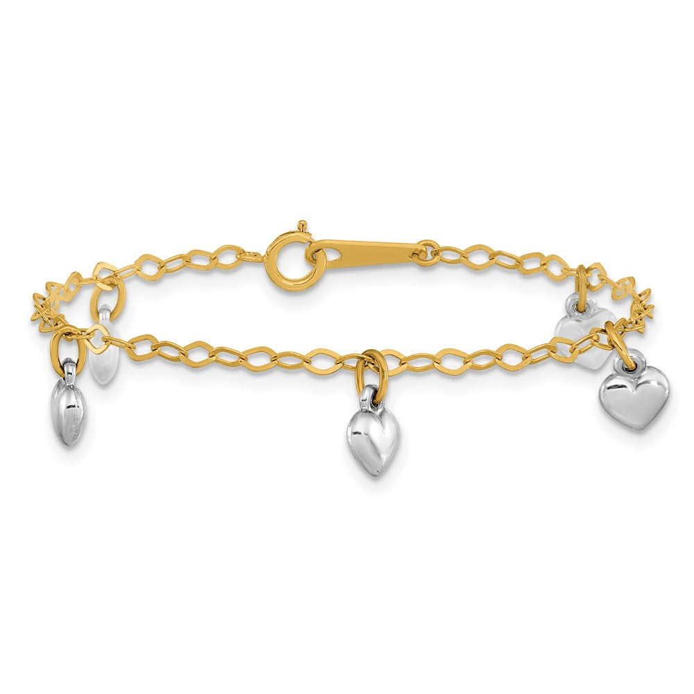 14k Two-tone Polished Dangle Puffed Heart 5.5 inch Baby Bracelet
