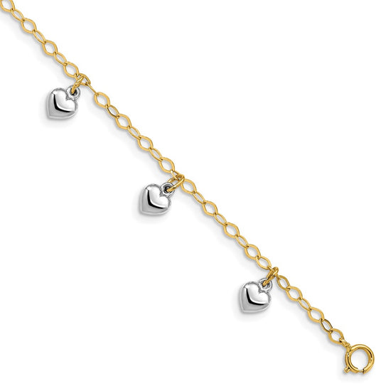 14k Two-tone Polished Dangle Puffed Heart 5.5 inch Baby Bracelet