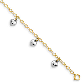 14k Two-tone Polished Dangle Puffed Heart 5.5 inch Baby Bracelet