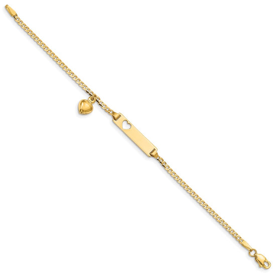 14k Polished Solid Chain/Solid Plate Cut-out Heart with Heart Dangle Curb Link 21x5mm Plate 5.5 inch Baby/Child ID Bracelet