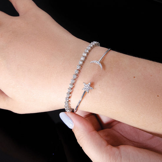 14k White Gold Complete 1/4 carat Diamond Moon and Star Flexible Cuff Bangle Bracelet