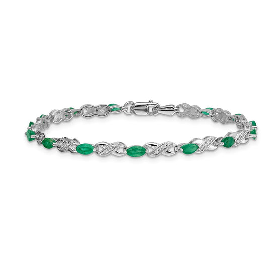 10k White Gold 1/6 carat Diamond and Oval Emerald Infinity Link 7.25 inch Bracelet