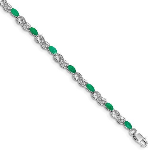 10k White Gold 1/6 carat Diamond and Oval Emerald Infinity Link 7.25 inch Bracelet
