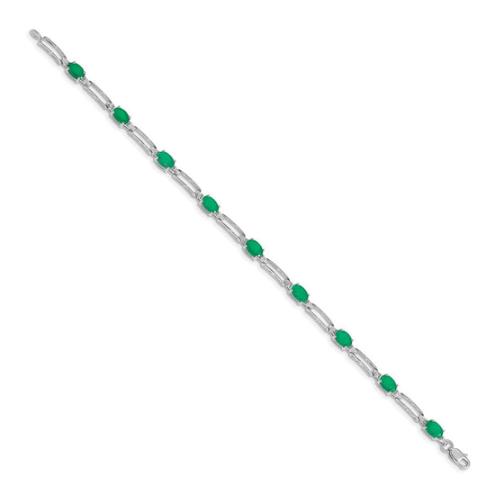 10k White Gold 1/20 carat Diamond and Oval Emerald Rectangle Link 7.25 inch Bracelet