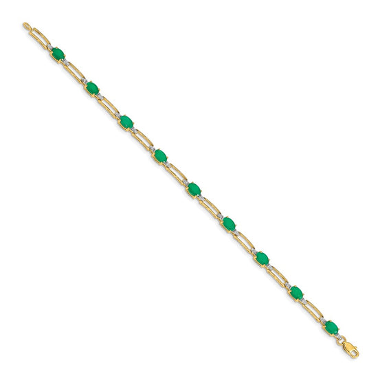 10k 1/20 carat Diamond and Oval Emerald Rectangle Link 7.25 inch Bracelet