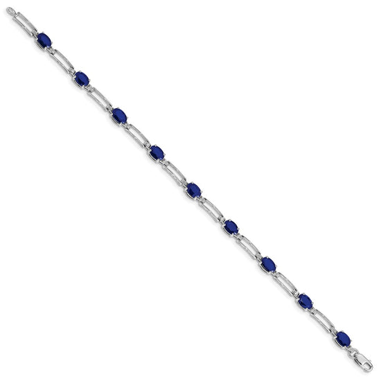10k White Gold 1/20 carat Diamond and Oval Sapphire Rectangle Link 7.25 inch Bracelet