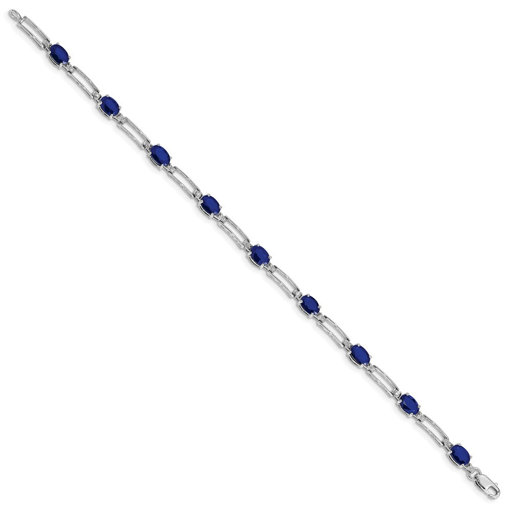 10k White Gold 1/20 carat Diamond and Oval Sapphire Rectangle Link 7.25 inch Bracelet