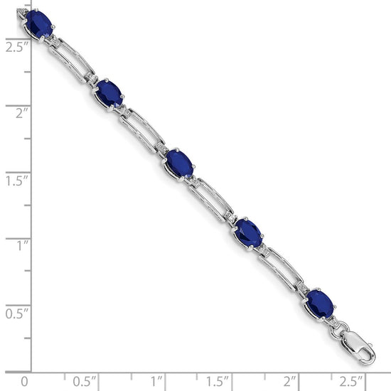 10k White Gold 1/20 carat Diamond and Oval Sapphire Rectangle Link 7.25 inch Bracelet