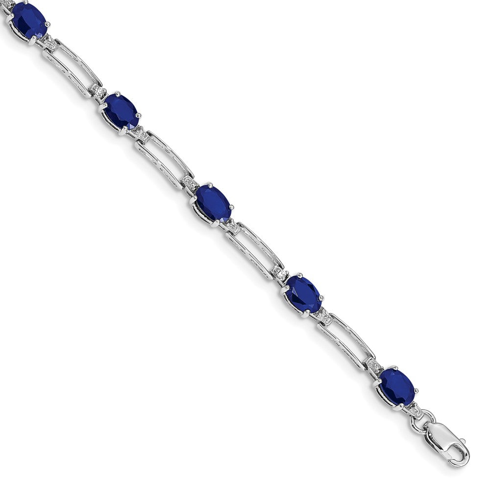 10k White Gold 1/20 carat Diamond and Oval Sapphire Rectangle Link 7.25 inch Bracelet