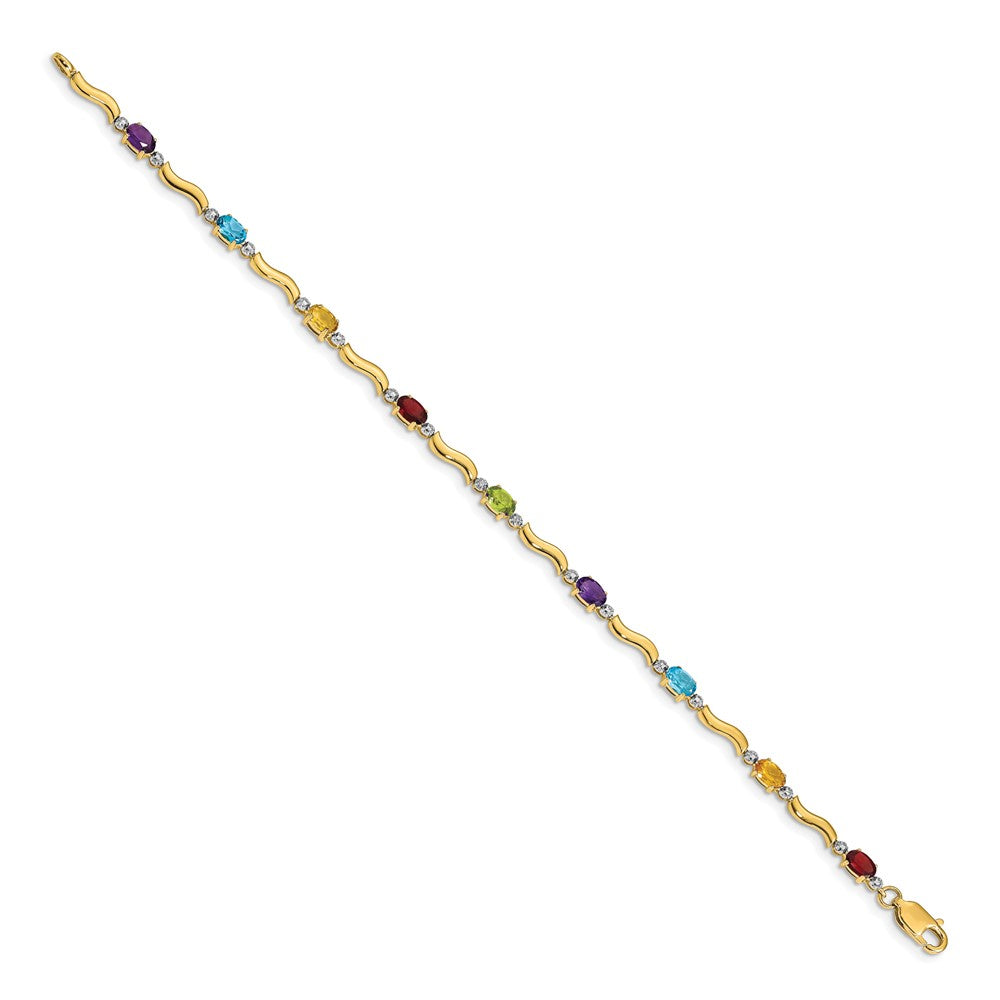 10k Diamond and Oval Rainbow Gemstone Wavy Link 7 inch Bracelet