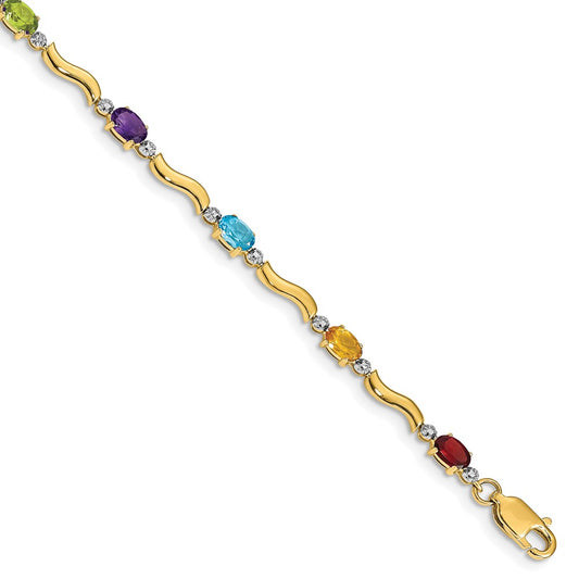10k Diamond and Oval Rainbow Gemstone Wavy Link 7 inch Bracelet