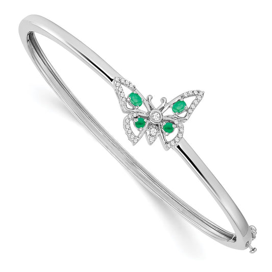 14k White Gold Complete Emerald and 1/6 carat Diamond Butterfly Hinged Bangle Bracelet