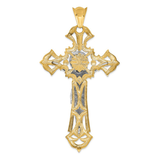 14k Two-tone Large Polished with Red CZs Crucifix Pendant