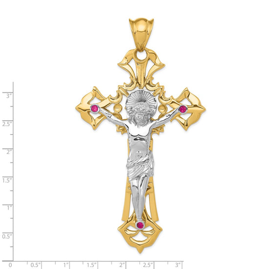 14k Two-tone Large Polished with Red CZs Crucifix Pendant