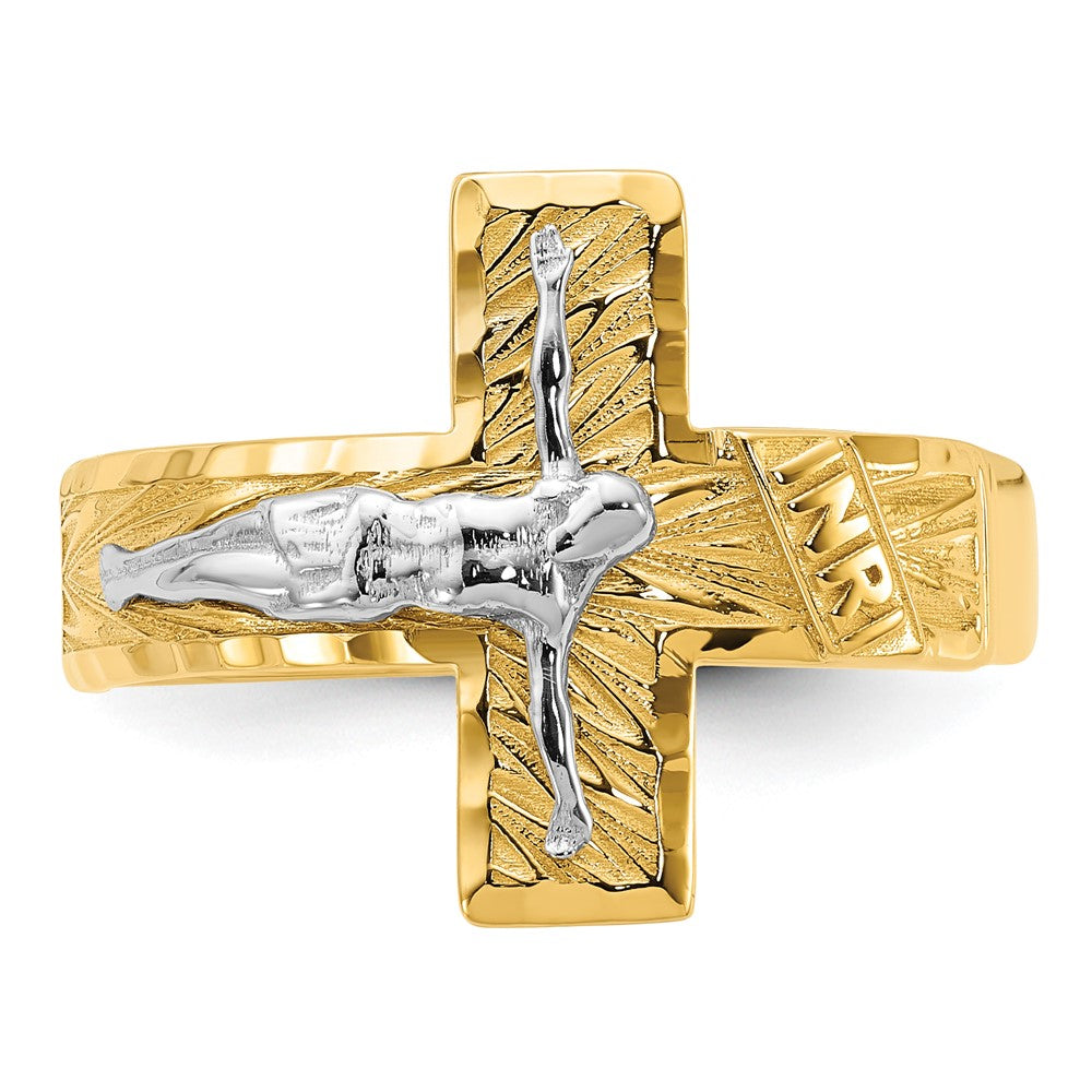14k Two-tone Mens Polished and Diamond-Cut Crucifix Ring