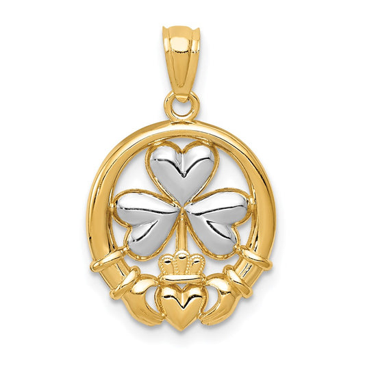 14k Rhodium-plated Shamrock and Claddagh Pendant