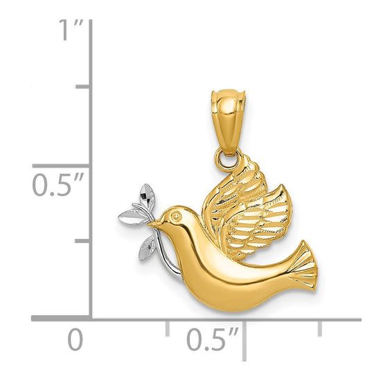 14k and White Rhodium Polished Dove with Olive Branch Pendant