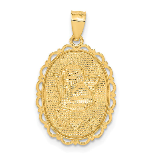 14k and White Rhodium Angel Scalloped Edge Oval Pendant