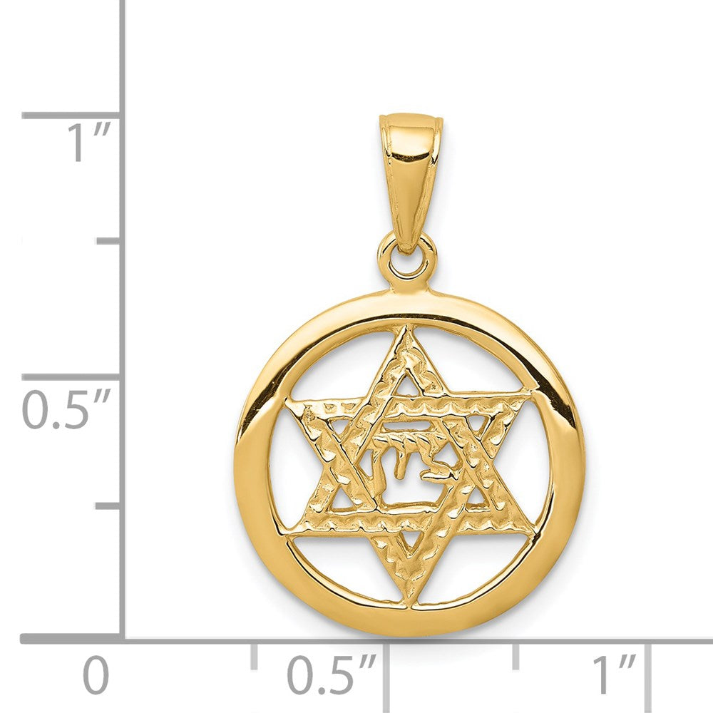 14K Jewish Chai In Star Of David Round Pendant