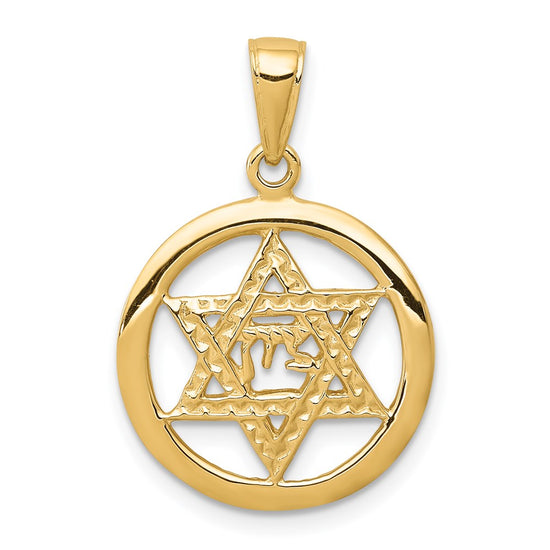 14K Jewish Chai In Star Of David Round Pendant