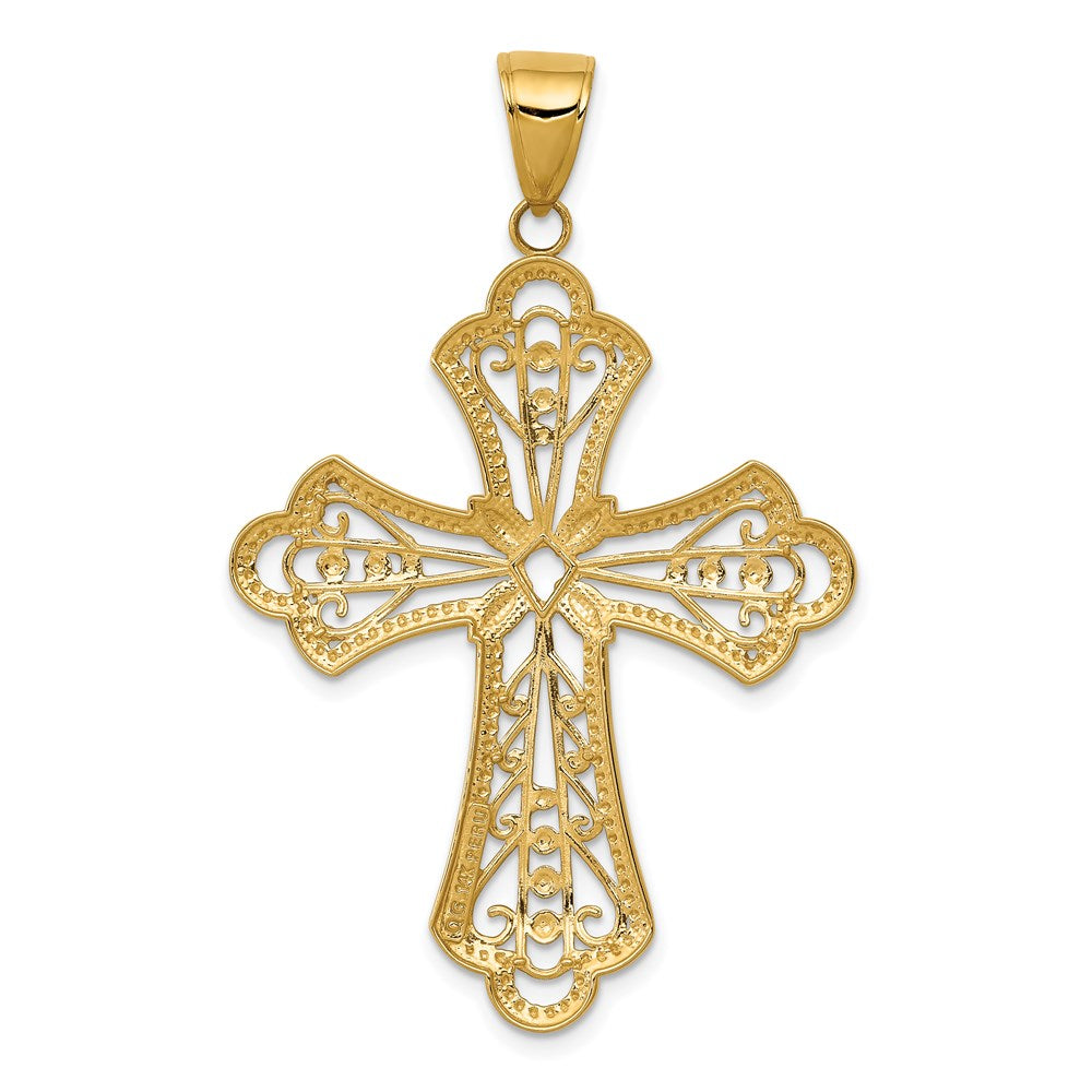 14K and White Rhodium Large Diamond-cut Filigree Cut-out Cross Pendant