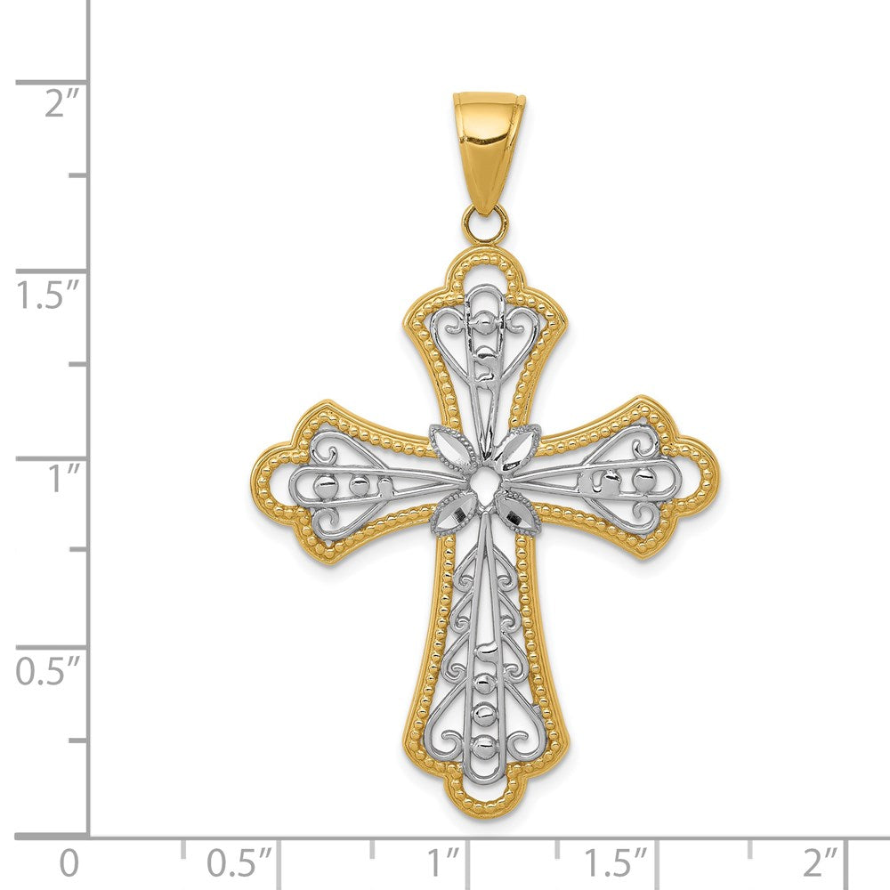 14K and White Rhodium Large Diamond-cut Filigree Cut-out Cross Pendant