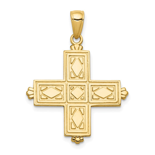 14K Etched Square Cross with Floral Reverse Pendant