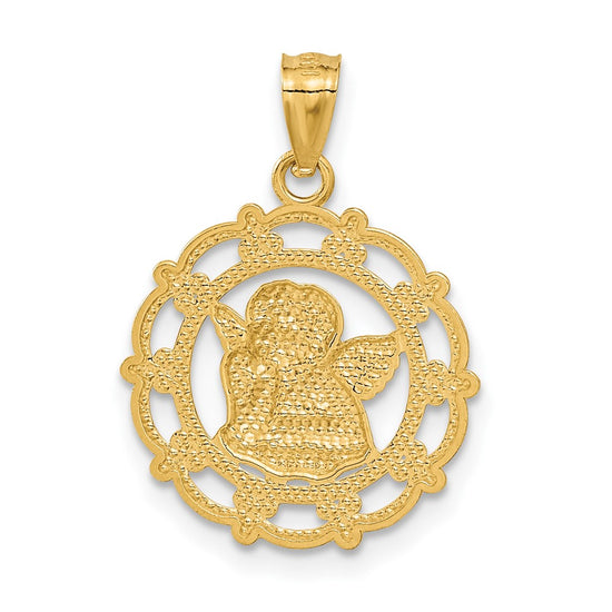14k and White Rhodium Scalloped Frame Cherub Round Pendant